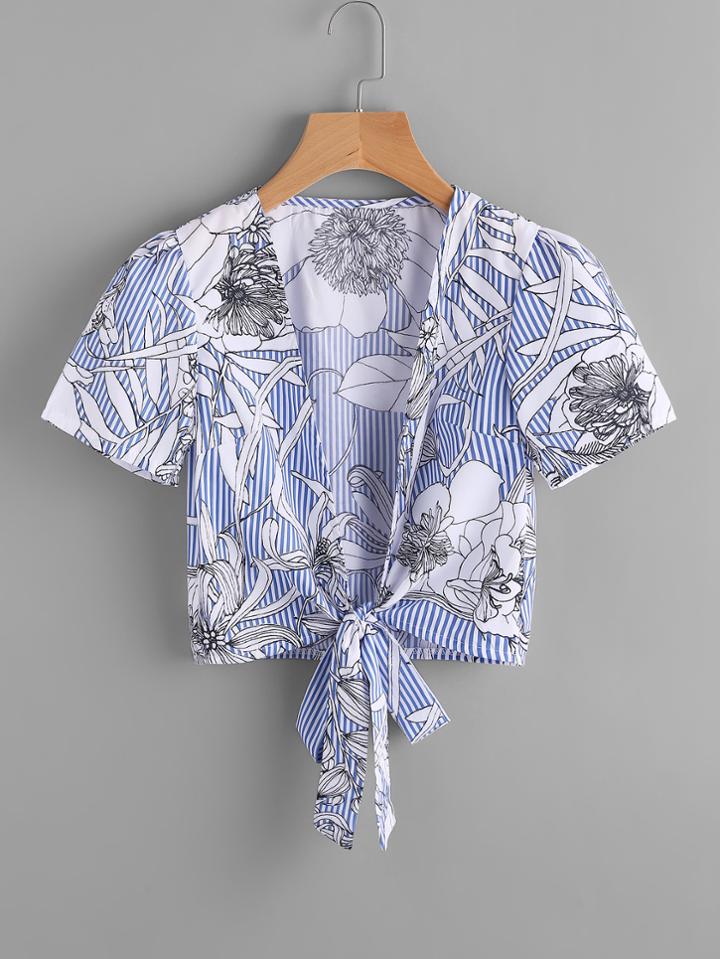 Shein Random Florals Striped Knotted Hem Blouse