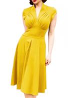 Rosewe V Neck Cap Sleeve Yellow A Line Dress