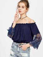 Shein Navy Off The Shoulder Contrast Embroidered Mesh Sleeve Top