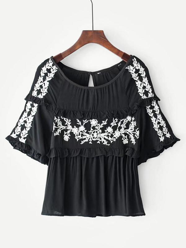 Shein Frill Detail Contrast Embroidery Blouse