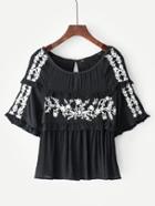 Shein Frill Detail Contrast Embroidery Blouse