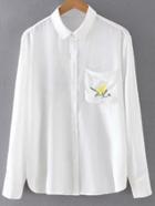 Shein White Long Sleeve Pocket Flowers Birds Embroidery Blouse