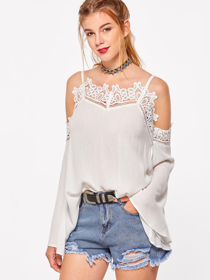 Shein White Lace Trim Cold Shoulder Bell Sleeve Top