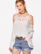 Shein White Lace Trim Cold Shoulder Bell Sleeve Top