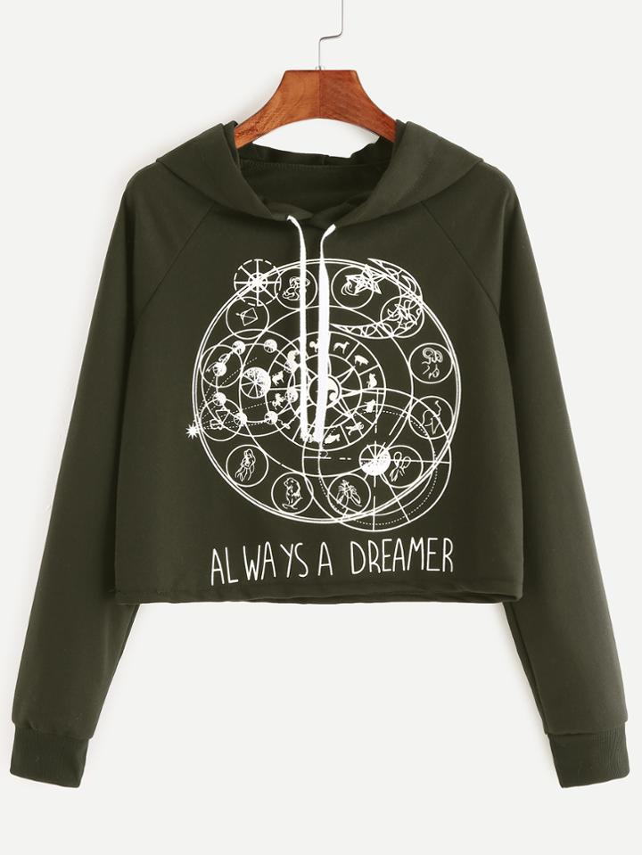 Shein Army Green Hooded Raglan Sleeve Twelve Constellations Print Sweatshirt