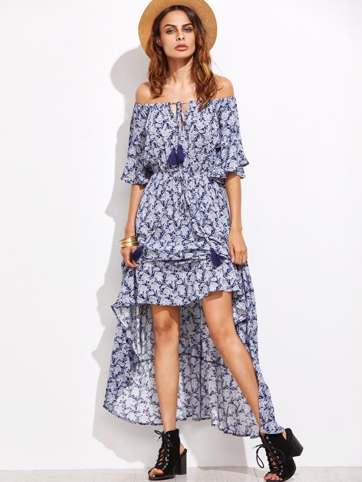Shein Blue Off The Shoulder Fringe Detail Dress