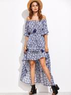 Shein Blue Off The Shoulder Fringe Detail Dress