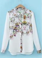 Rosewe Retro Flowers Print Long Sleeve Button Fly Blouse