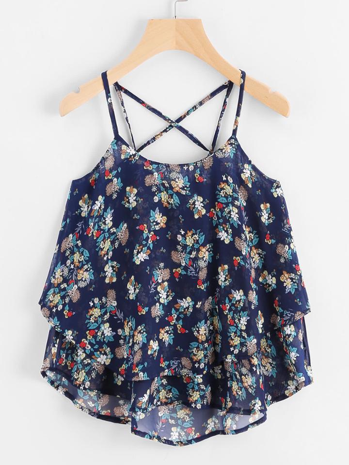 Shein Calico Print Layered Crisscross Cami Top