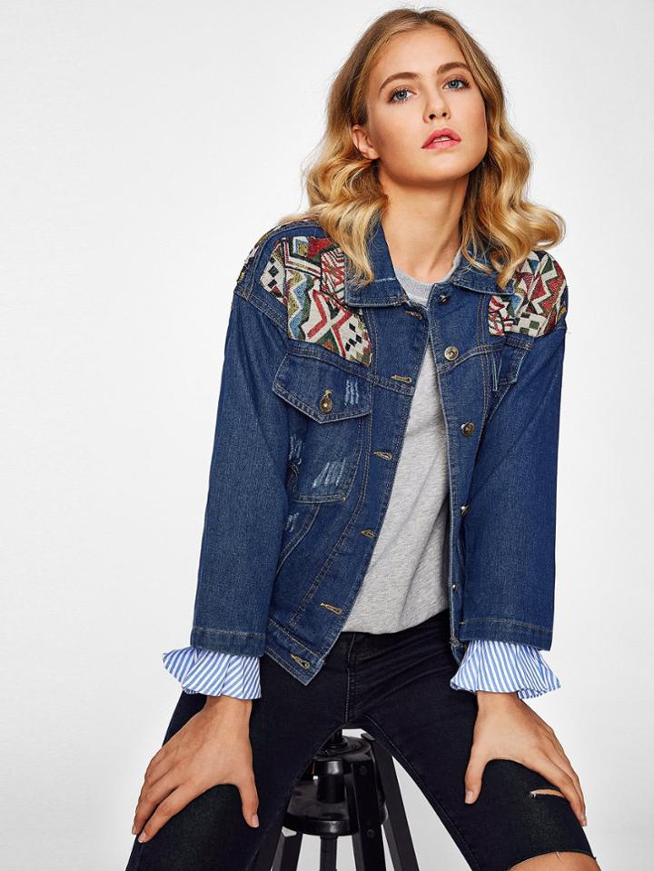 Shein Aztec Embroidery Denim Jacket