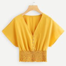 Shein Batwing Sleeve Shirred Hem Button Up Blouse