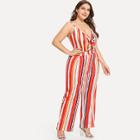 Shein Plus Knot Plunging Neck Striped Cami Jumpsuit