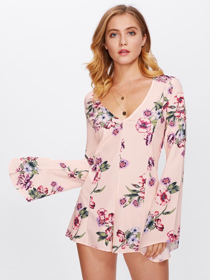 Shein Lace Up Back V Neckline Floral Romper