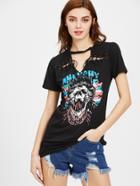Shein Graphic V Cut Choker Neck Lace Up Tee