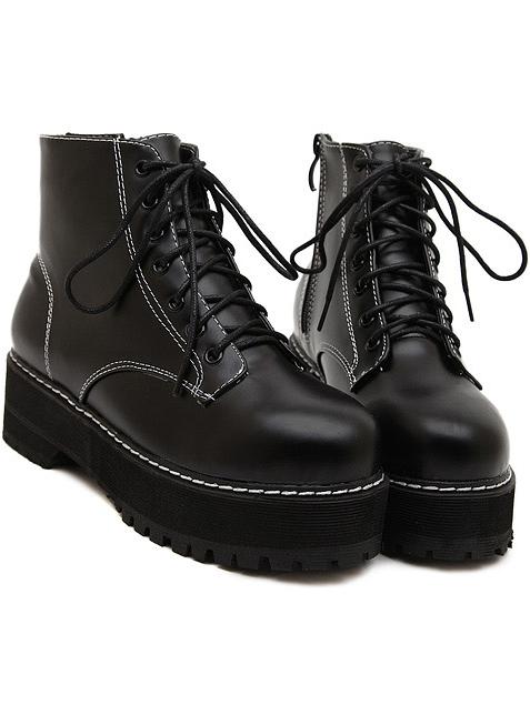 Shein Black Round Toe Side Zipper Lace Up Short Boots
