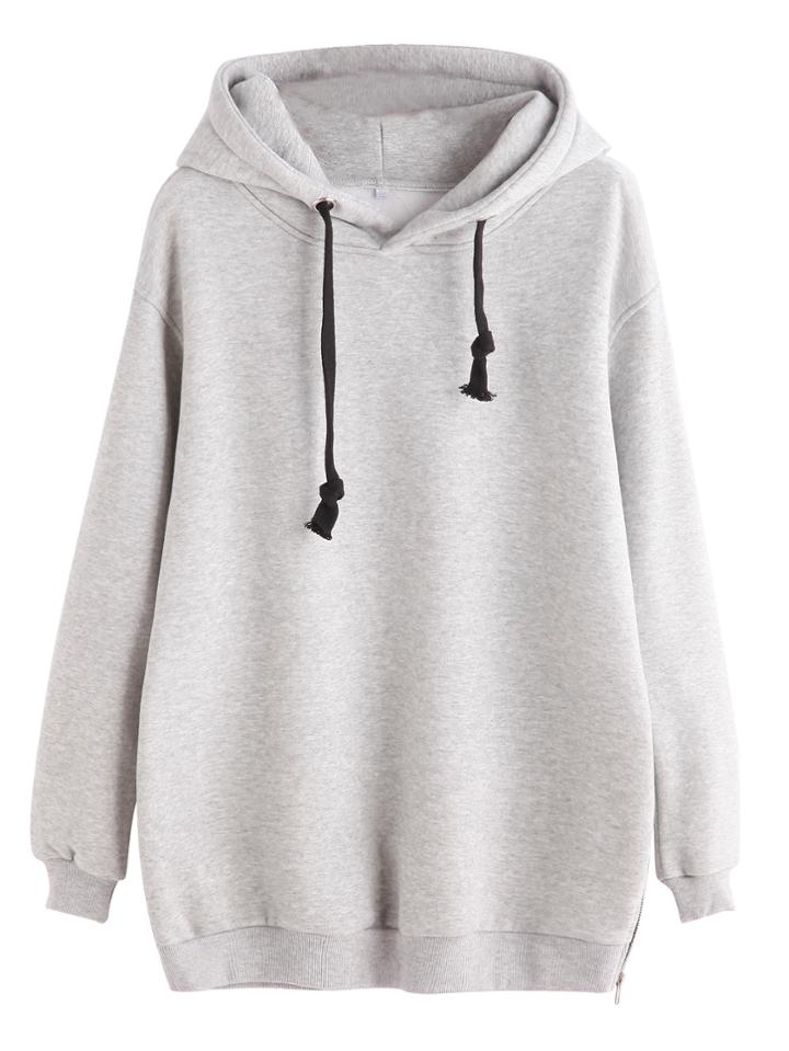Shein Light Grey Zipper Side Drawstring Hooded Sweatshirt