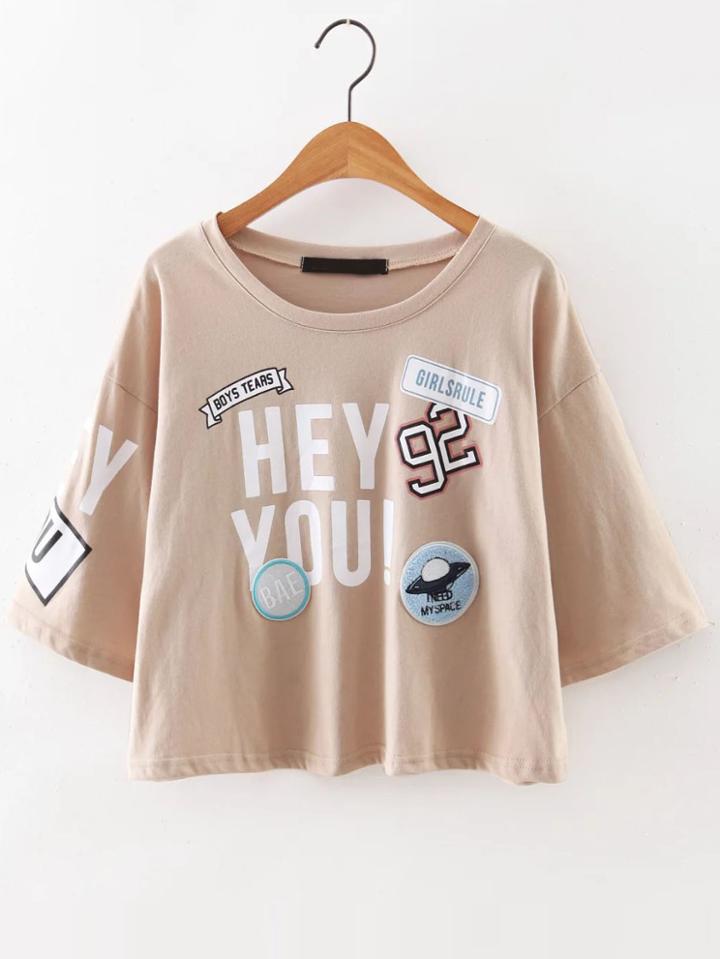 Shein Drop Shoulder Stamp Patch T-shirt