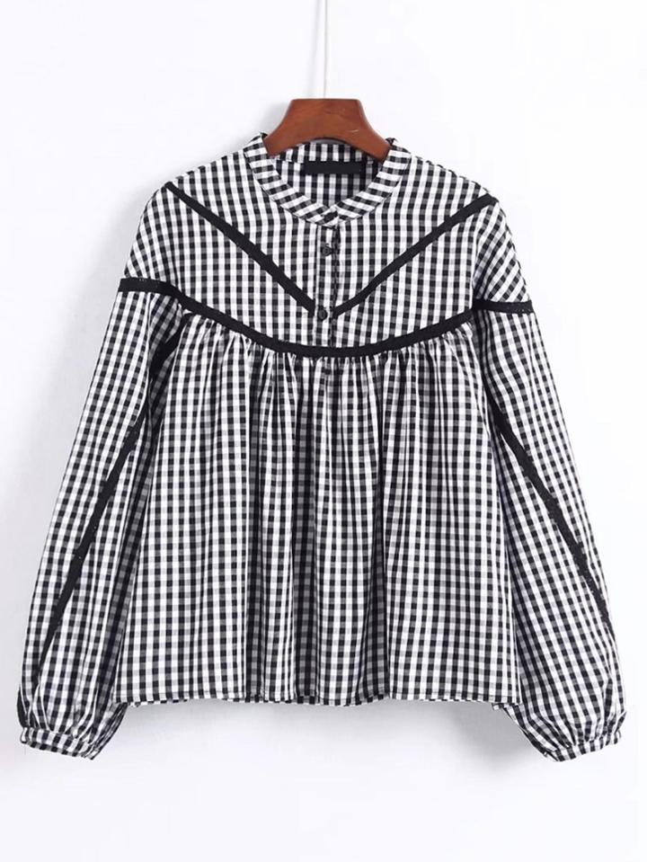 Shein Contrast Binding Gingham Babydoll Blouse