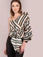 Shein Striped One Shoulder Wrap Around Button Down Top White