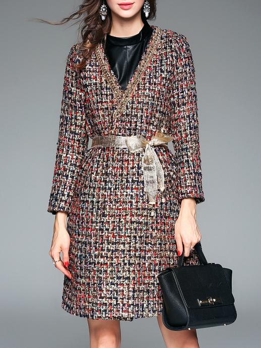 Shein Brown V Neck Tie-waist Pockets Coat