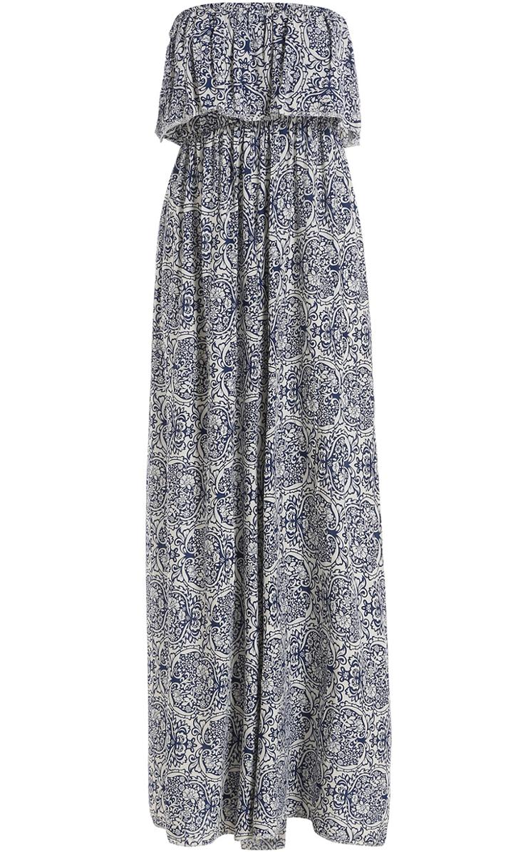 Shein Blue Strapless Ruffle Floral Patterned Maxi Dress