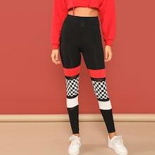Shein Mesh Insert Checked Panel Colorblock Leggings