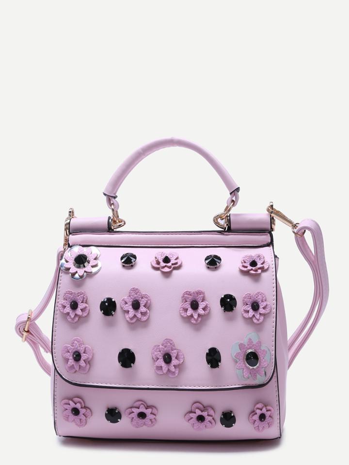 Shein Pink Flower And Rhinestone Embellished Pu Handbag With Strap