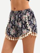 Shein Tassel Trimmed Paisley Print Shorts - Navy