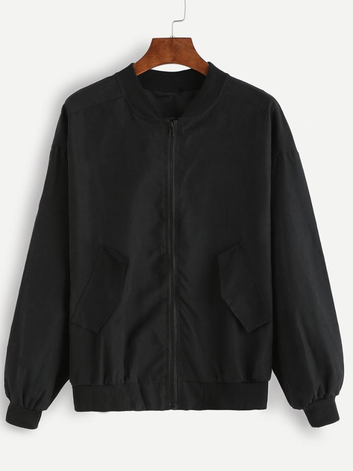 Shein Ribbed Trim Zipper Bomber Jacket