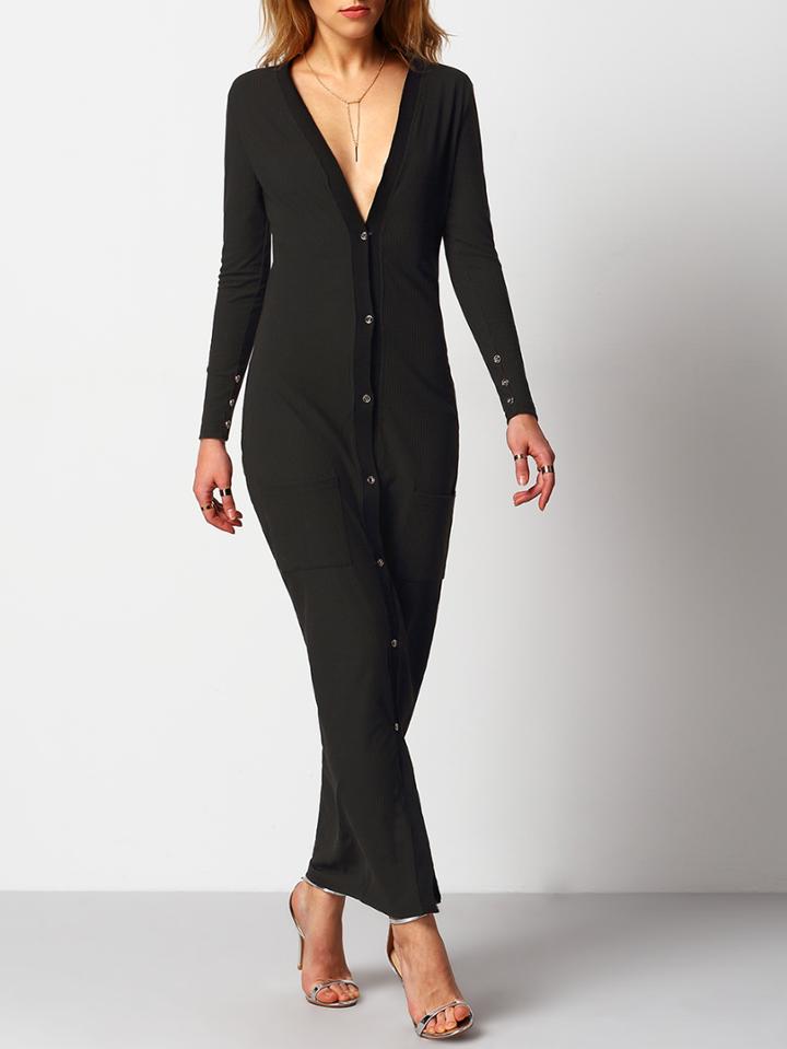 Shein Black V Neck Single Breasted Sweater Dress