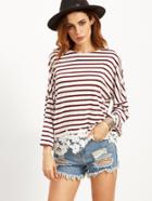 Shein Striped Drop Shoulder Tee With Flower Lace Detail