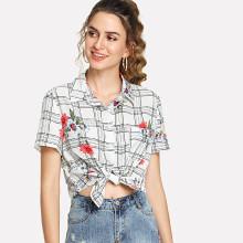 Shein Floral & Plaid Crop Shirt