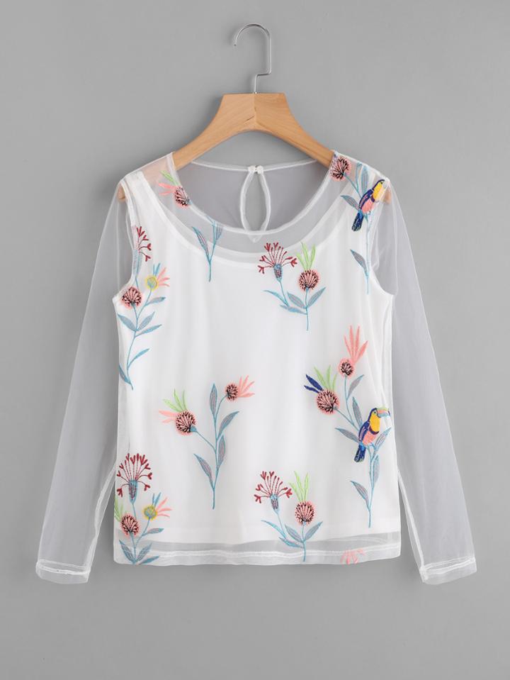 Shein Buttoned Keyhole Back 2 In 1 Embroidered Mesh Top