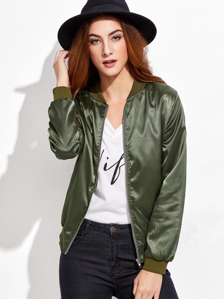 Shein Army Green Ribbed Trim Bomber Jacket