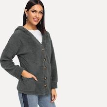 Shein Single Breasted Hooded Teddy Jacket
