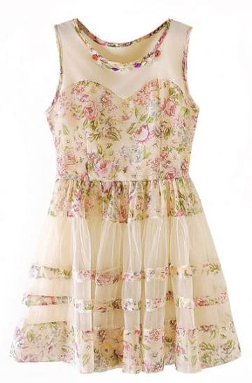 Shein Pink Beige Sleeveless Floral Flare Lace Dress