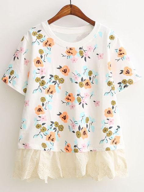 Shein White Short Sleeve Lace Hem Flowers Print T-shirt