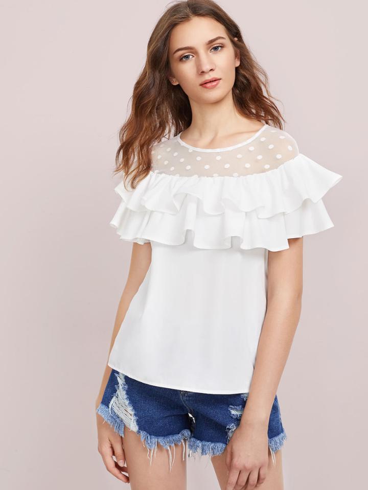 Shein Dot Mesh Yoke Layered Flounce Top