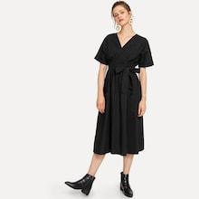 Shein Waist Belted V-neck Solid Dress
