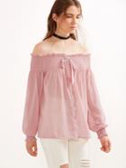 Shein Pink Off The Shoulder Lantern Sleeve Bow Shirred Top