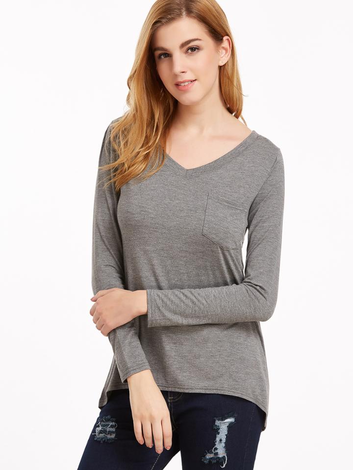 Shein Heather Grey V Neck Dip Hem T-shirt With Pocket