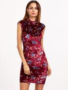 Shein Burgundy Floral Print Mock Neck Cap Sleeve Bodycon Dress