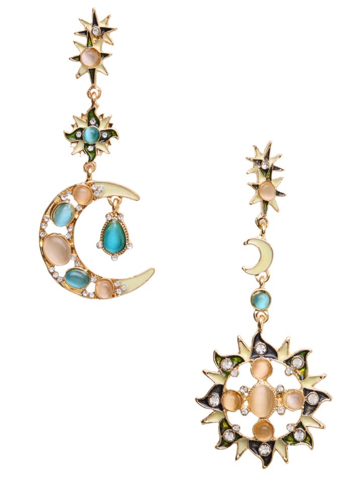 Shein Gold Asymmetric Star Sun Moon Rhinestone Drop Earrings