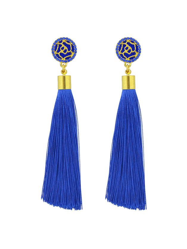 Shein Blue Ethnic Jewelry Flower Decoration Long Tassel Drop Earrings