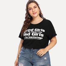 Shein Plus Letter Print Cuffed Sleeve T-shirt