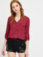 Shein V-neckline Roll Up Sleeve Curved Hem Top
