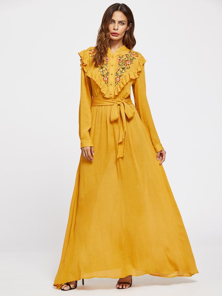 Shein Frill Trim Half Placket Embroidered Yoke Dress