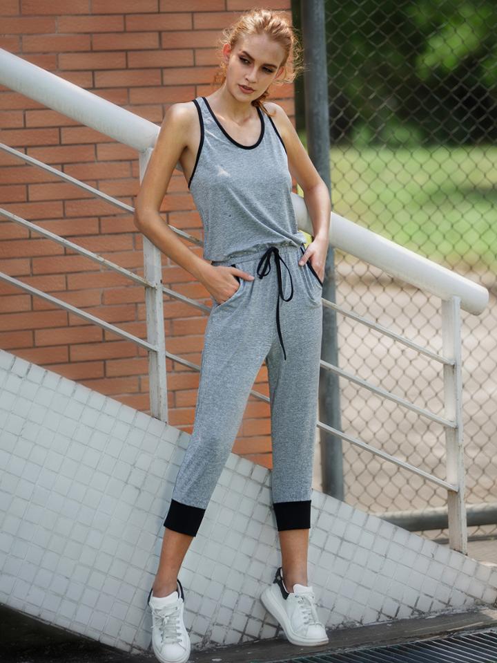 Shein Grey Pocket Tie Waist Black Contrast Trim Jumpsuit