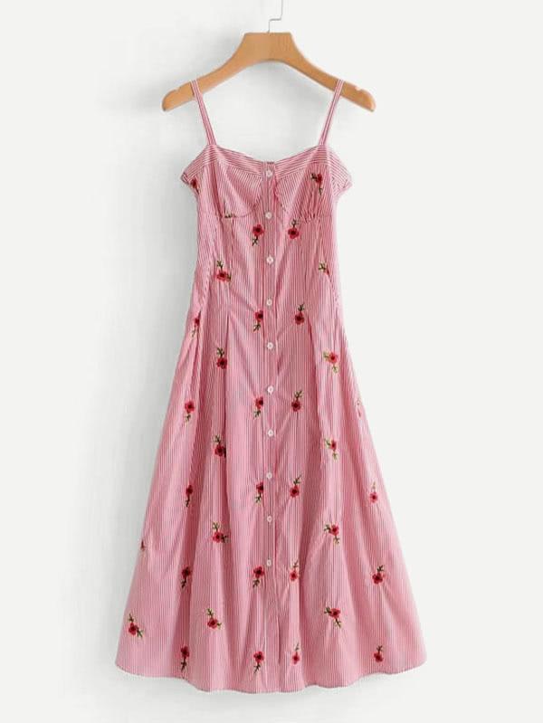 Shein Shirred Back Embroidery Striped Cami Dress
