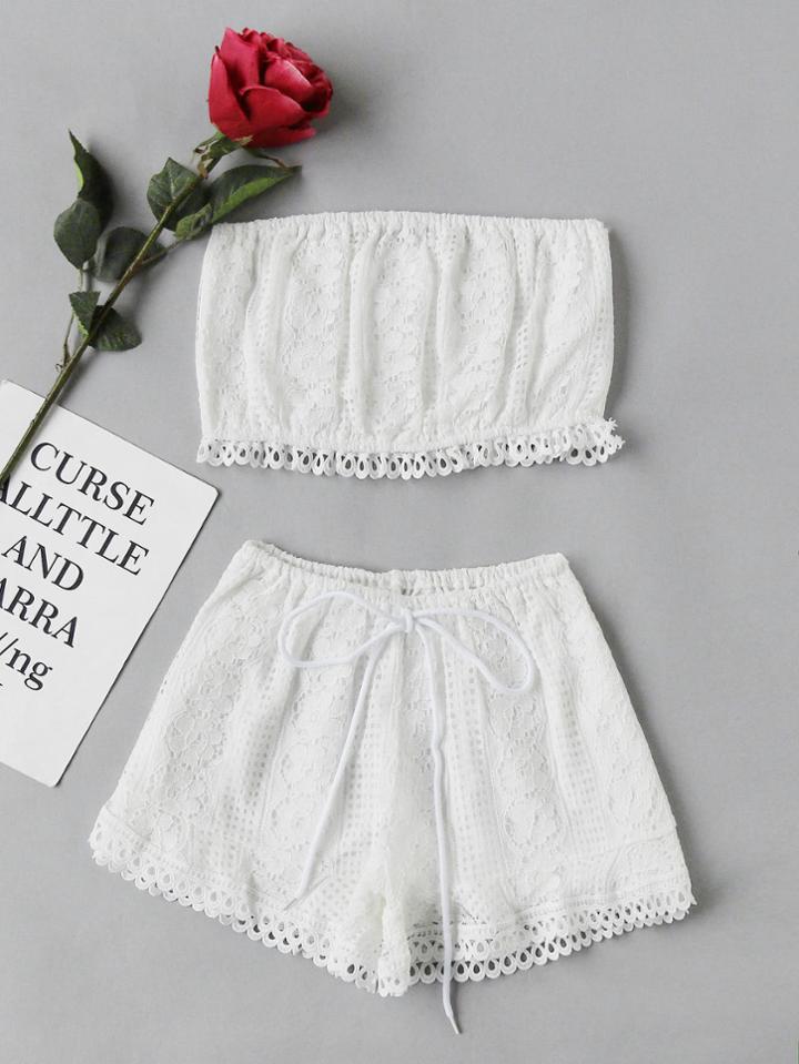 Shein Lace Crop Bandeau Top And Shorts Set